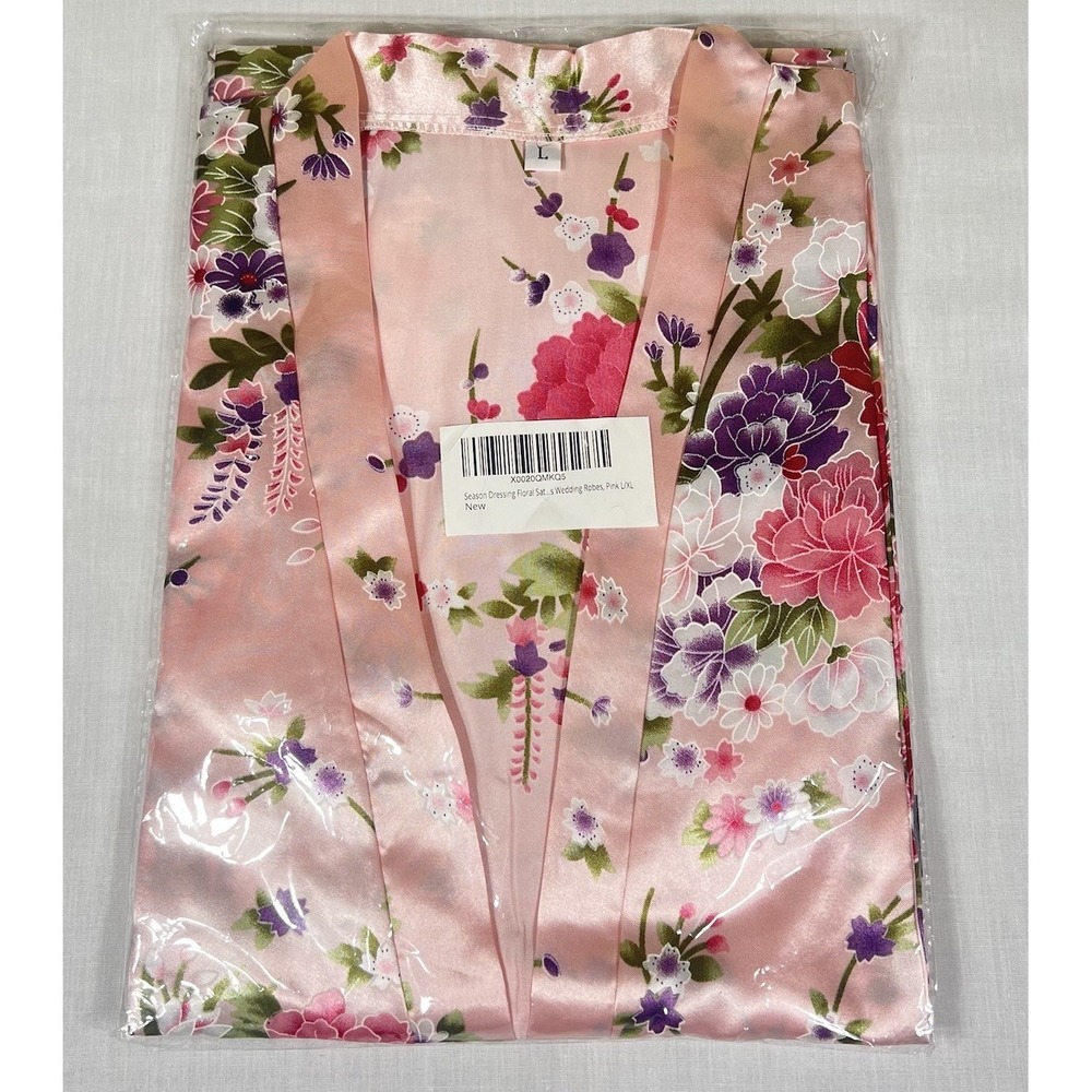 Women's Pink Floral Satin Kimono Robe Size L Wedding Bridesmaid Sleepwear